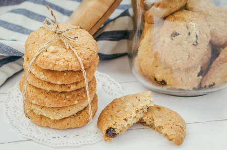 Close up of Oatmeal and raisin cookies with vintage and vignette tone - Healthy food