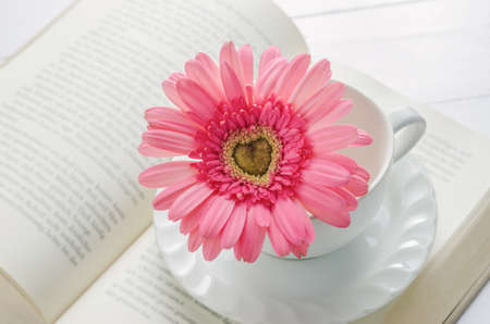 Close up of pink Gerbera daisy flower and white coffee cup on opened book with soft vintage toneの写真素材
