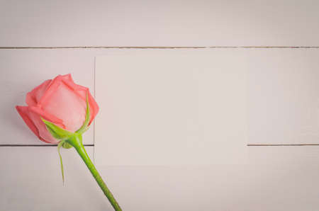 Blank greeting card with pink rose flower on white wooden background with vintage and vignette tone, Valentine rose and cardの写真素材