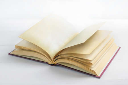 Blank old book opened on white backgroundの写真素材