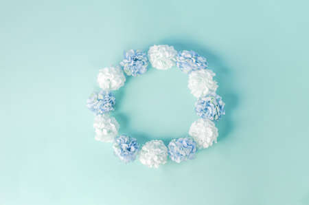 White and blue color of Hydrangea flowers with round frame shape on blue backgroundの写真素材