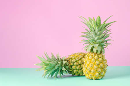 Pineapples on blue and pink pastel background - Summer backgroundの写真素材