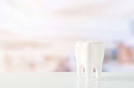Close up of white tooth dental model on blur backgroundの写真素材