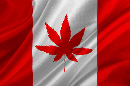 Flag of Canada with marijuana leaf on crumpled textile, Cannabis in Canadaの写真素材