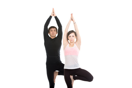 Two sporty people practice yoga in pair, couple doing exercise for spine, standing in Vrikshasana Pose, hands in Anjali mudra above the headの写真素材