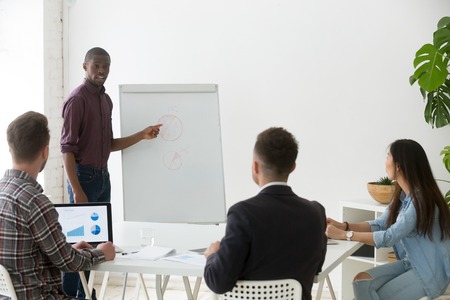 African american coach talking about business strategy, mentoring millennial work team, black speaker making presentation on flipchart talking about company financial plan. Concept of leadershipの写真素材