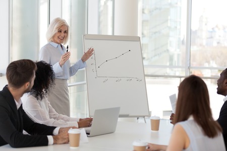 Experienced positive business woman presenting to company staff report, showing growth strategy on...