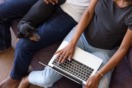 Close up cropped above top view black family sitting on couch resting with dachshund using laptop watching online videos surfing internet having fun on lazy weekend leisure activities at home concept.の写真素材