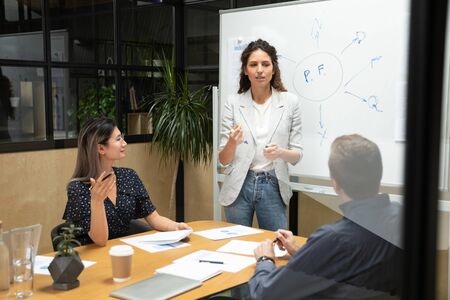 Focused female coach leader conference speaker give business presentation on whiteboard speaking at...