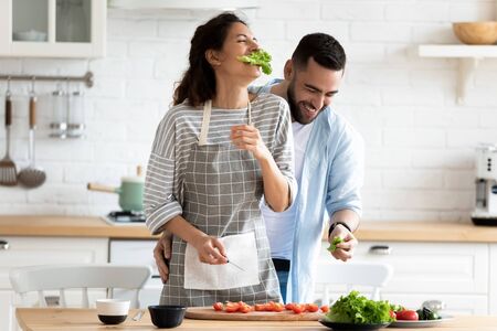 Millennial couple preparing healthy vegetarian salad laughing enjoying process and time with better half on modern cozy kitchenの写真素材