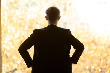 Rear view puzzled millennial businessman putting hands on waist, standing near big office window,...