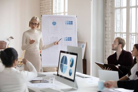 Young serious blonde female trainer coach mentor giving education lecture to motivated diverse employees in modern office. Millennial speaker in eyeglasses explaining marketing strategy to colleagues.の写真素材