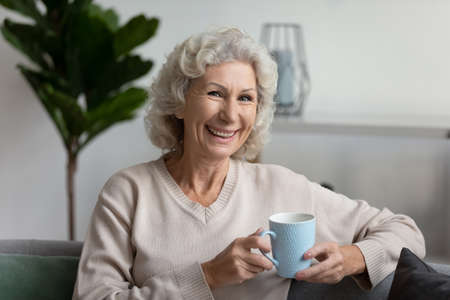Portrait of smiling elderly 60s woman sit on couch in living room drinking hot tea or coffee enjoying weekend, happy mature 50s grandmother relax on sofa at cozy home, look at camera posingの写真素材