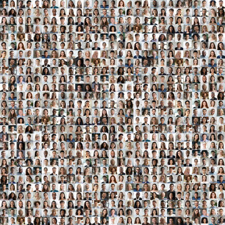 Lot of different multiracial people headshots portraits in square collage mosaic image. Many hundreds of diverse age and ethnicity people faces looking at camera collection. Social diversity concept.の写真素材