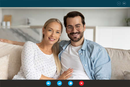 Head shot portrait screen view family chatting with friends or relatives online at home, smiling man...