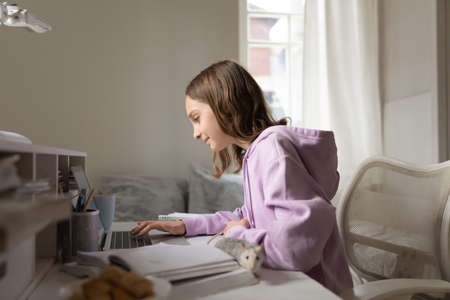Happy 12s Caucasian teen girl sit at desk at home study on laptop play with domesticated hamster or mouse. Smiling caring teenager schoolgirl child prepare homework on computer with gnaw rodent pet.の写真素材
