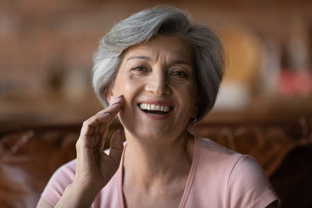 Head shot portrait happy mature grey haired woman talking, looking at camera, smiling grandmother making video call to relatives, chatting online, speaking to webcam, blogger recording vlogの写真素材