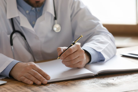 Close up of male GP sit at desk in hospital office write patient medical history or anamnesis in card or journal. Man doctor fill client health form document, make notes. Medicine, healthcare conceptの写真素材