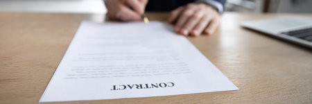 Horizontal banner close up businessman signing contract, putting signature on legal documents,...