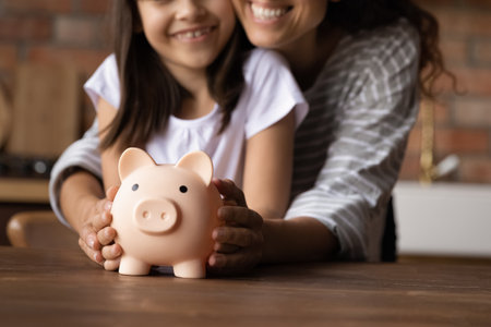 Close up happy young mother and adorable little daughter holding touching pink piggy bank, caring mum and adorable girl child saving money for future, family insurance and investment conceptの写真素材