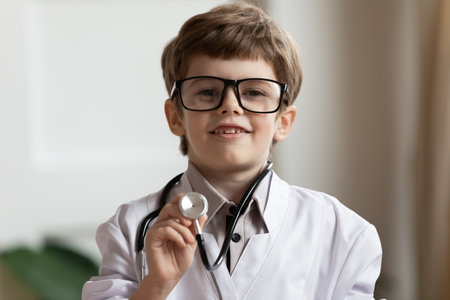 Close up headshot portrait of cute small 7s boy in white medical uniform use stethoscope play hospital. Funny little child have fun act as doctor in clinic, dream of future career. Healthcare concept.の写真素材