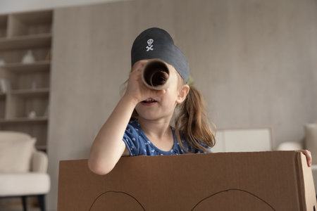 Close up of little Caucasian girl have fun play pirate game in living room on weekend. Small child...