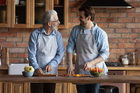 Smiling young Caucasian man and older dad in aprons cooking vegetable healthy salad for dinner together. Happy grownup son with mature father prepare delicious food meal at home kitchen.の写真素材