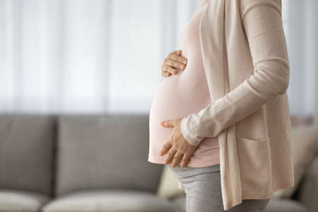 Crop close up side view of young woman touch baby bump enjoy last months of pregnancy, ready to give...