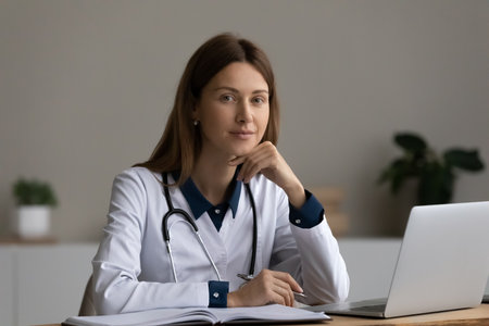 Portrait of young successful Caucasian female doctor in white medical uniform sit at desk in modern private clinic. Confident woman nurse or GP work online on laptop in hospital. Healthcare concept.の写真素材