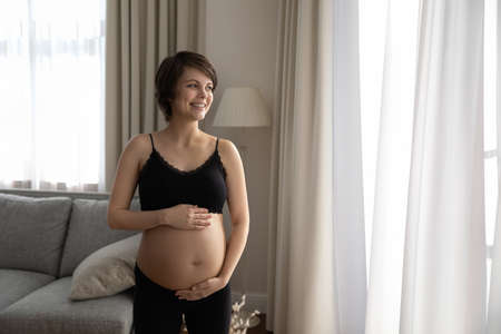 Smiling dreamy pregnant woman touching belly, looking to aside out window, standing at home, happy...
