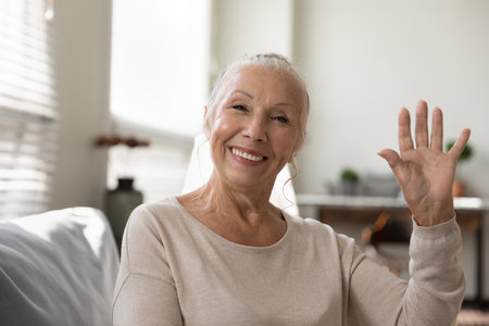 Screen view portrait of smiling mature lady wave greet have webcam digital virtual conference at...