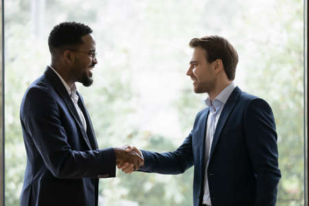 Two diverse businessmen, business partners shaking hands at window glass background. Investor and...