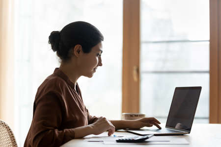 Focused young Indian woman sit at desk calculate expenses expenditures on machine pay online on laptop. Ethnic female manage household budget make payment on computer. Banking, finance concept.の写真素材