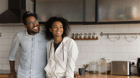 Happy young 35s couple, African wife and husband standing in domestic modern comfort remodelled kitchen smiling looking into distance. Homeowners family portrait, bank loan, repair services conceptの写真素材