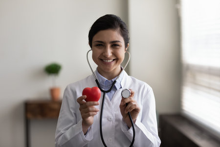 Smiling young professional female indian ethnicity cardiologist wearing stethoscope, showing heart figure to camera, reminding regular examination checkup meeting, cardiovascular disease prevention.の写真素材