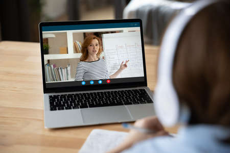 Back rear view concentrated small kid boy in headphones holding educational video call meeting with...