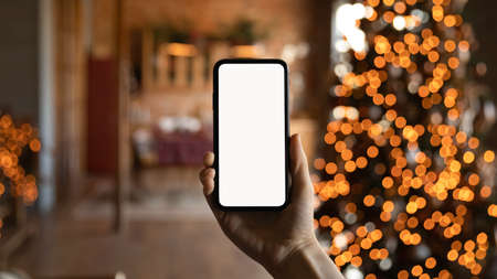 Crop close up of African American man hold modern cellphone with white empty mockup screen talk...