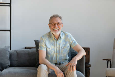 Happy handsome mature senior man sitting on comfortable sofa, enjoying carefree leisure time in living room. Smiling middle aged grandfather relaxing on cozy couch alone at home, looking at camera.の写真素材