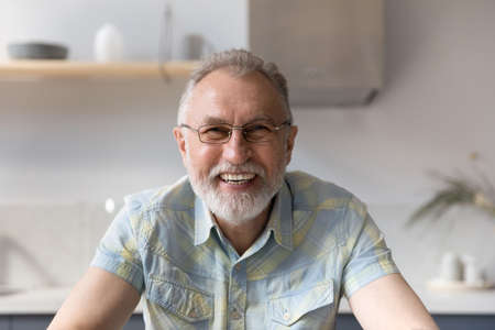 Portrait of smiling older retired man in eyeglasses. Emotional happy middle aged elderly grandfather looking at camera, holding video call conversation, communicating distantly with friends or family.の写真素材