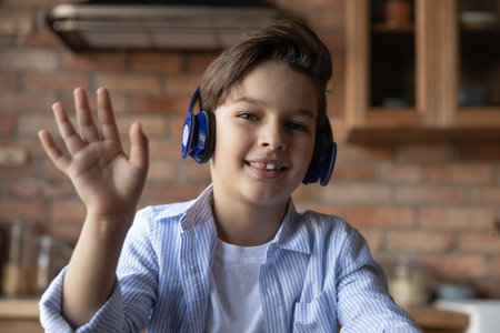 Remote education for children. Screen view portrait of junior school age boy in wireless headphones...