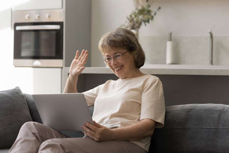 Cheerful senior retired lady enjoying video call talk, waving hand hello at laptop screen, webcam,...