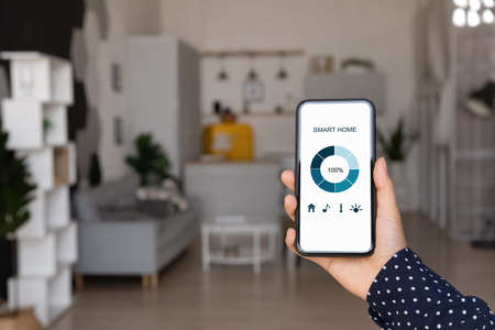 Smart home infographic graph on smartphone screen close up. Woman holding mobile phone, using app for electronic facility, digital device control in apartment. Internet of things, comfort in houseの写真素材