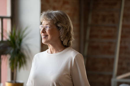 Happy senior 60s grey haired lady in glasses looking at window away with good thoughts, thinking, dreaming on future plans, enjoying leisure time in loft property space. Elderly age conceptの写真素材