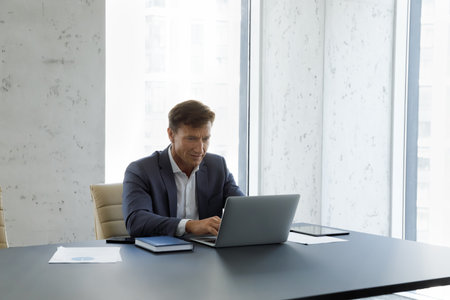 Busy confident mature business leader working at computer in office. Male boss sitting at workplace,...