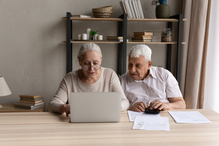 Older grey haired grandparents couple doing home domestic paperwork job together, using online app on laptop for bills, taxes, insurance fees payment, checking calculating income savingsの写真素材