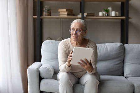 Older generation buy goods remotely, use electronic service, make order concept. Granny in glasses...