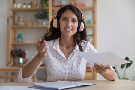 Happy female business teacher, coach, blogger head shot video call portrait. Businesswoman talking...
