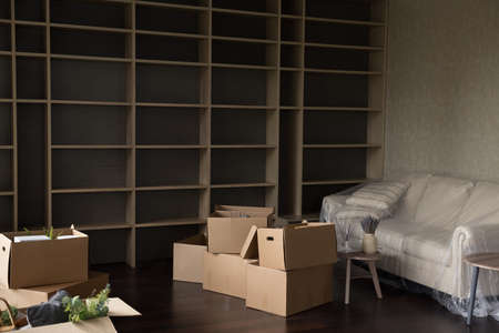 Spacious unfurnished living room with empty wall shelves, couch and heap of belongings packed in cardboard boxes. New home, bank loan, repairs works, transporting delivery services company ad conceptの写真素材