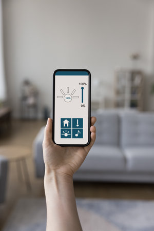 Smartphone screen with smart home electronic automation app, software interface for control light,...