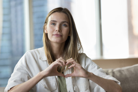 Beautiful young adult girl showing romantic hand heart, making finger gesture of love, romance, support, charity, looking at camera, posing indoors, expressing positive emotionsの写真素材